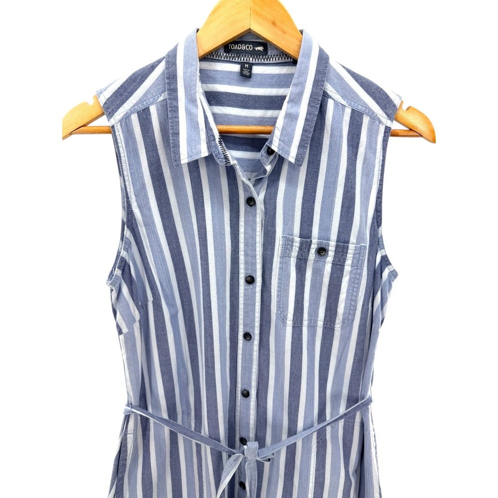 Toad&Co Indigo Ridge Sleeveless Tie Shirt Dress Striped Organic Cotton Midi Blue - Picture 3 of 7